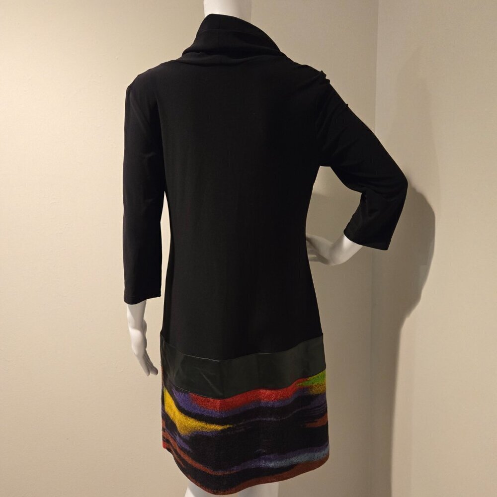 Joseph Ribkoff Cowlneck Drop Waist Leather Trim Dress Black 10 - Picture 4 of 4